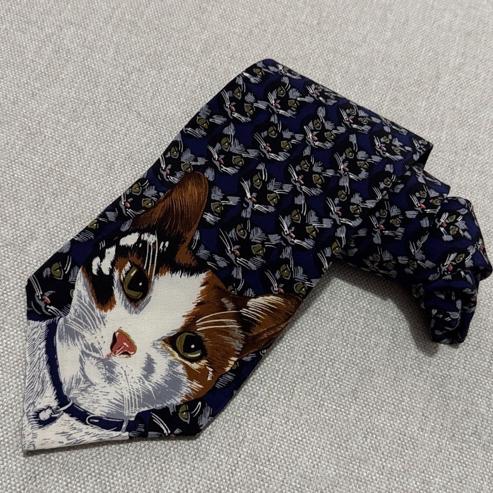 NWT Steven Krauss Men’s Wear-Silk Cat Print Tie-Blue - Picture 2 of 10